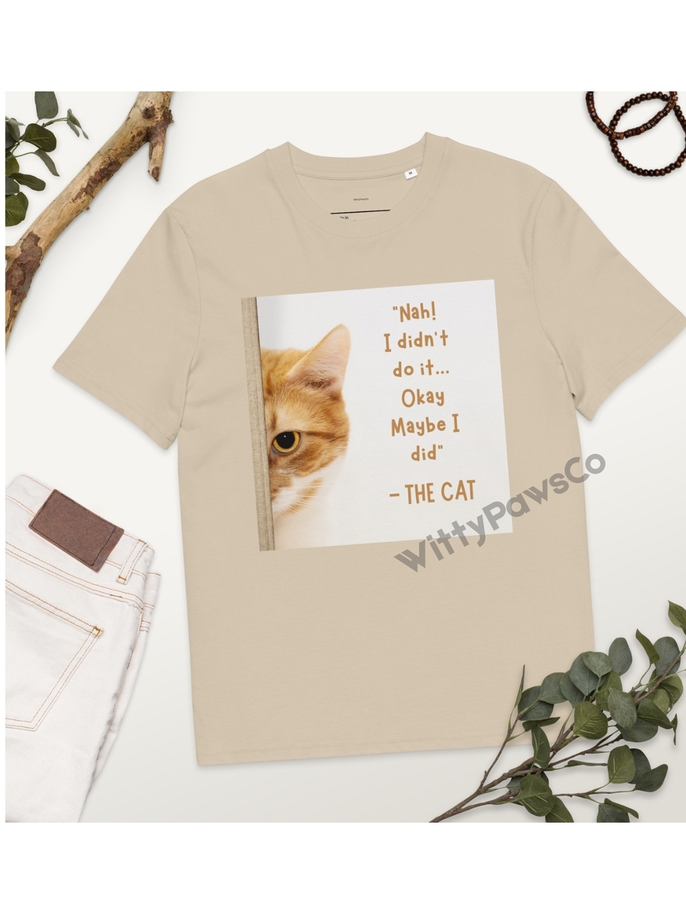 Beige Cat Graphic Tee - 'Nah I didn't do it'